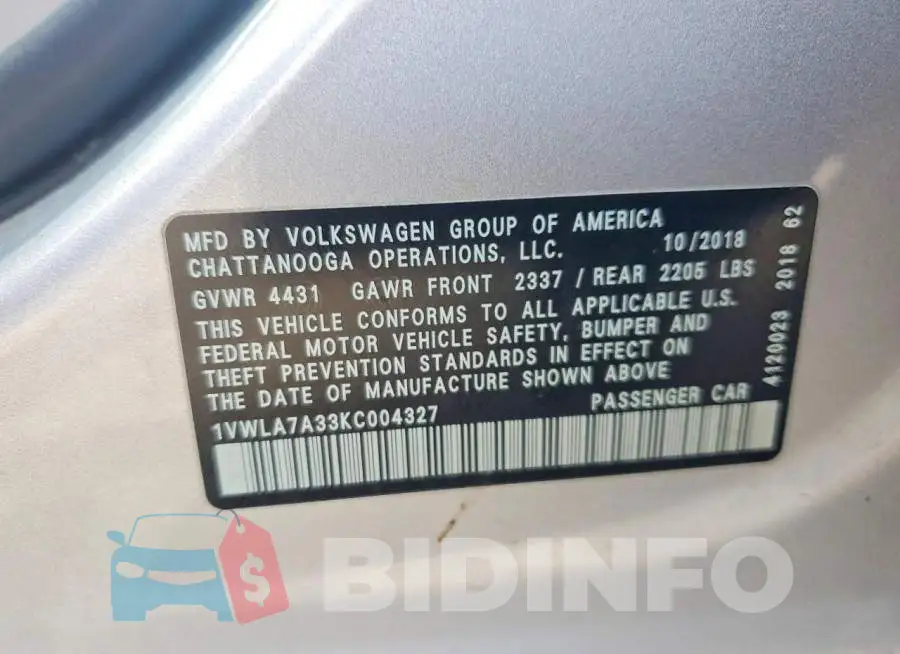 1VWLA7A33KC004327 Photo# 12