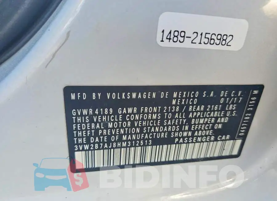 3VW2B7AJ8HM312513 Photo# 13