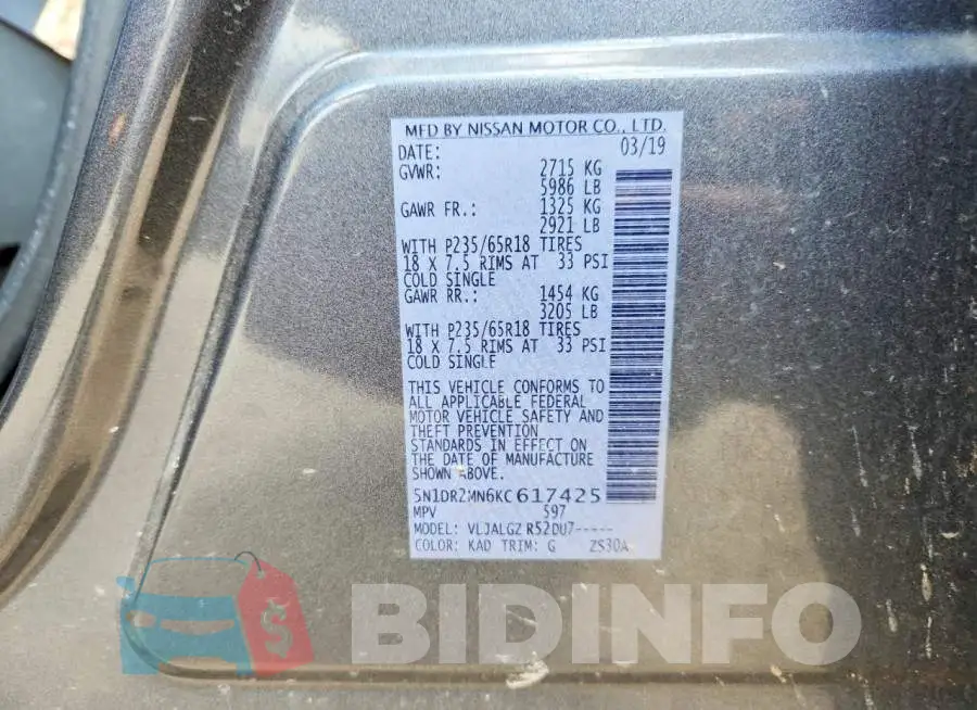 5N1DR2MN6KC617425 Photo# 13
