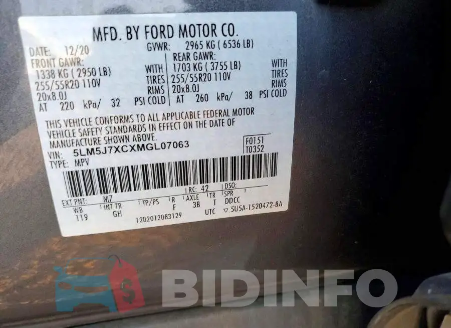 5LM5J7XCXMGL07063 Photo# 13