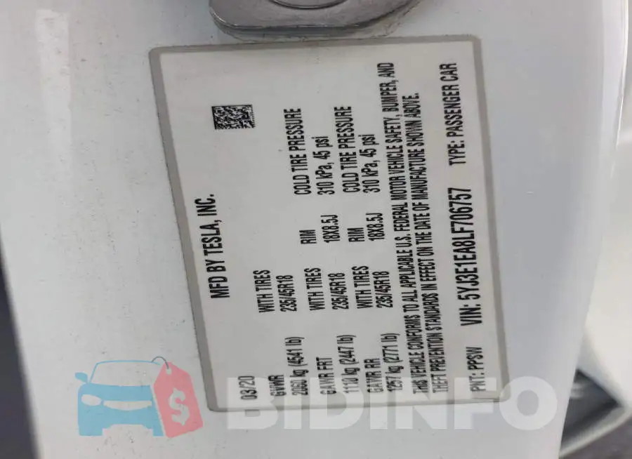 5YJ3E1EA8LF706757 Photo# 13
