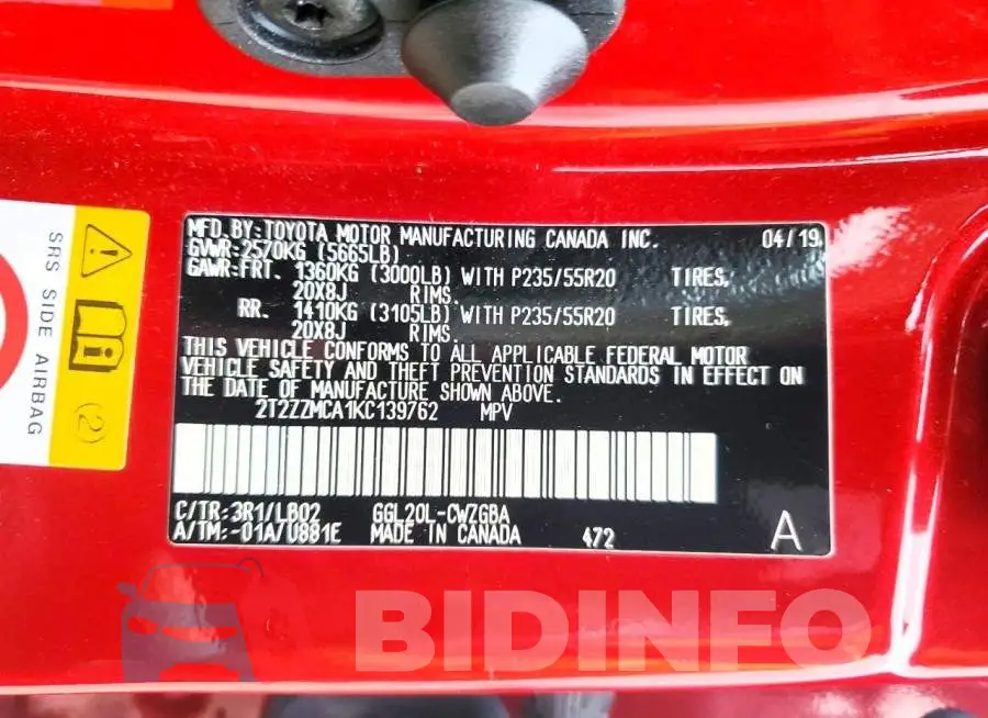 2T2ZZMCA1KC139762 Photo# 13