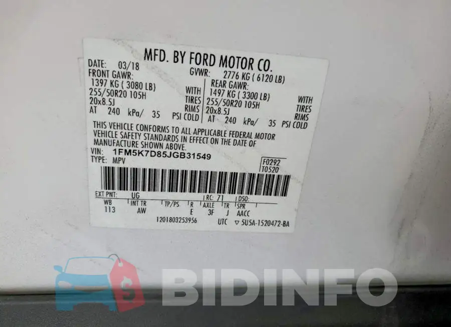 1FM5K7D85JGB31549 Photo# 13