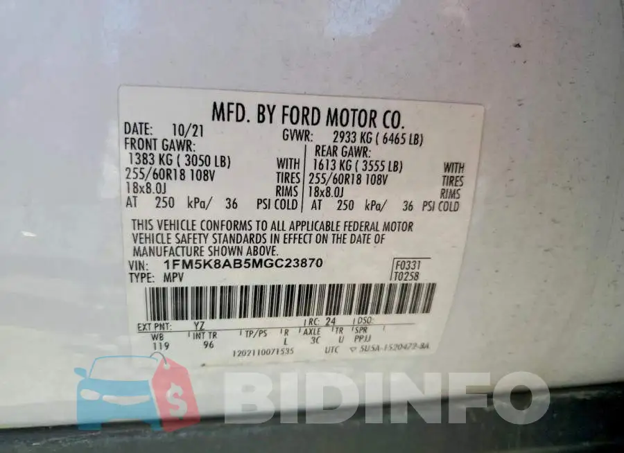 1FM5K8AB5MGC23870 Photo# 14