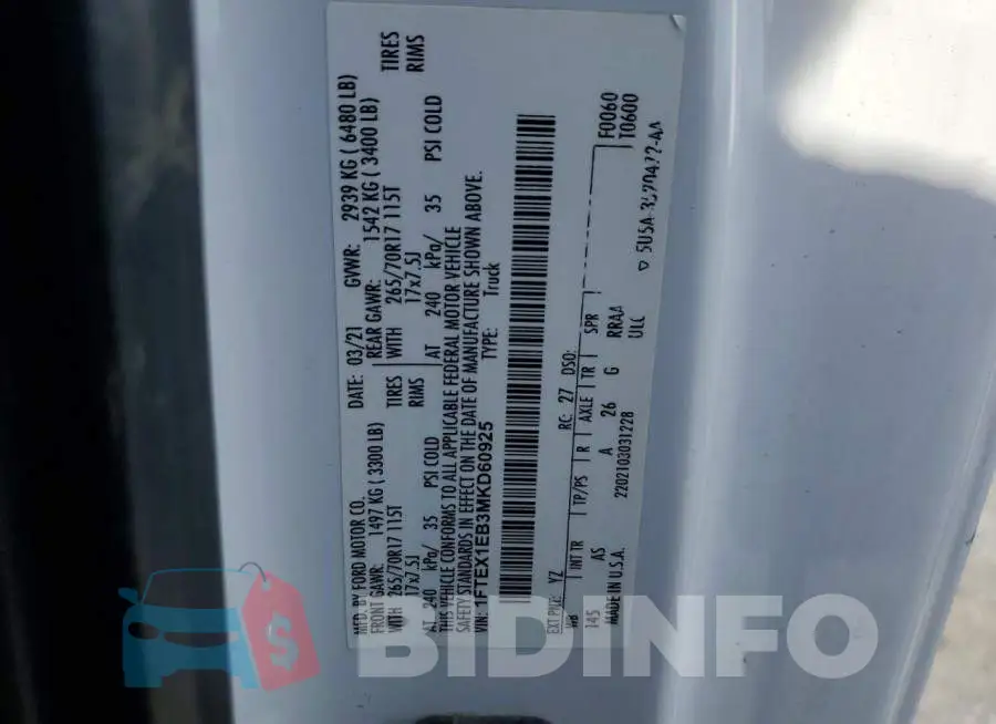 1FTEX1EB3MKD60925 Photo# 12
