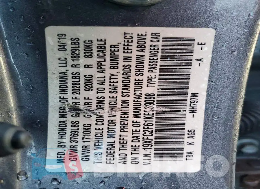 19XFC2F61KE039098 Photo# 12