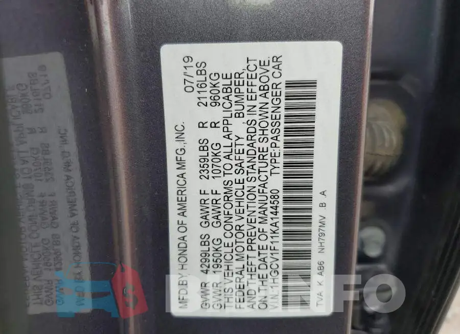1HGCV1F11KA144580 Photo# 12