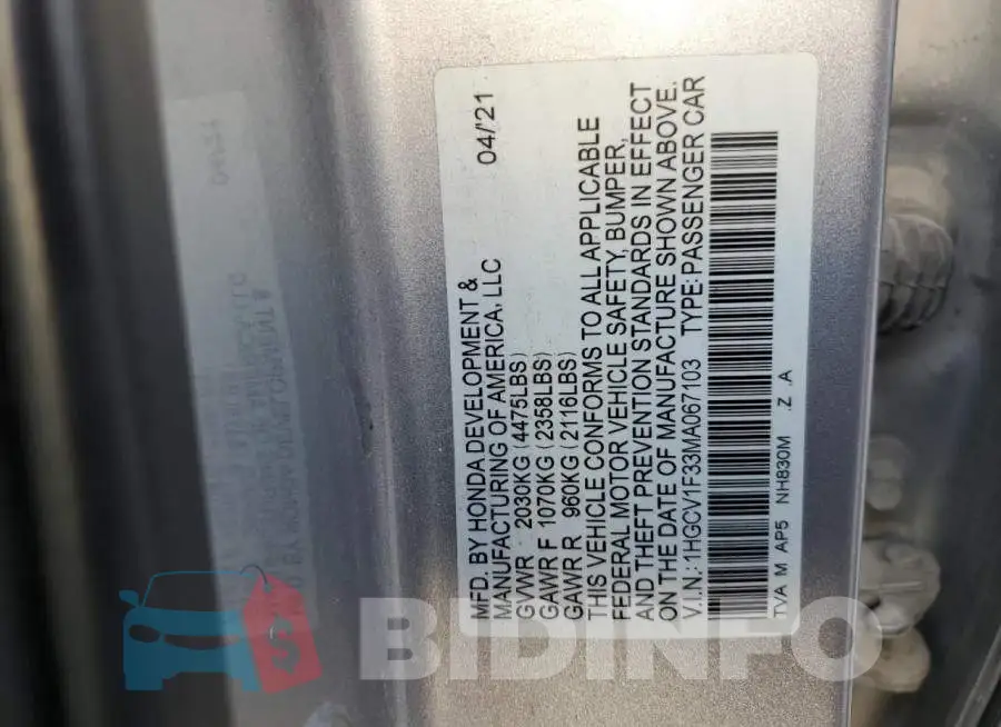 1HGCV1F33MA067103 Photo# 12