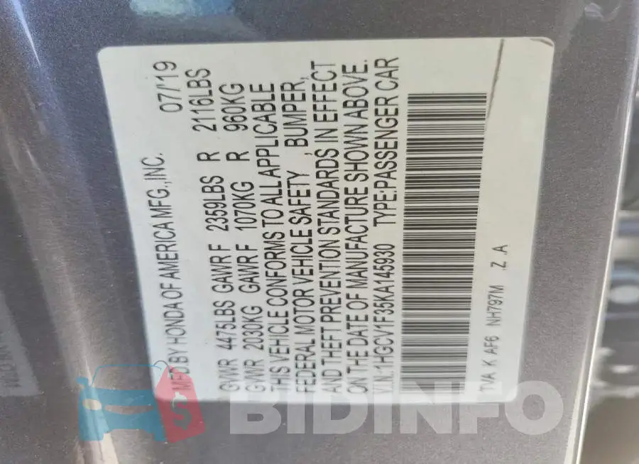 1HGCV1F35KA145930 Photo# 12