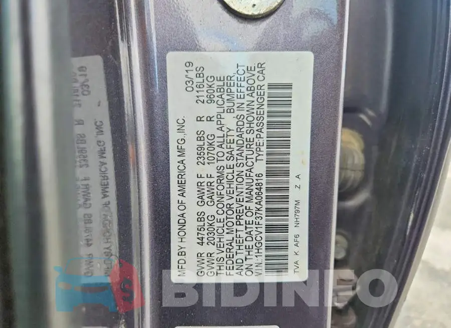 1HGCV1F37KA064816 Photo# 12