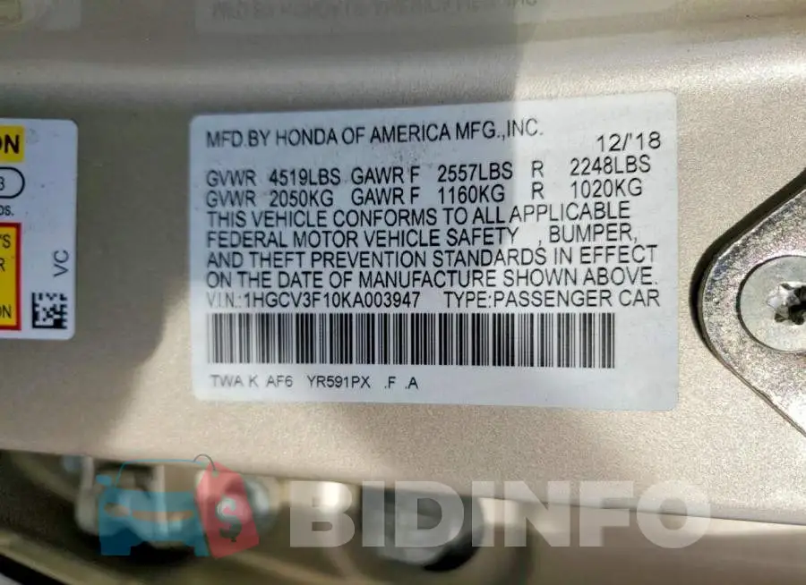 1HGCV3F10KA003947 Photo# 13