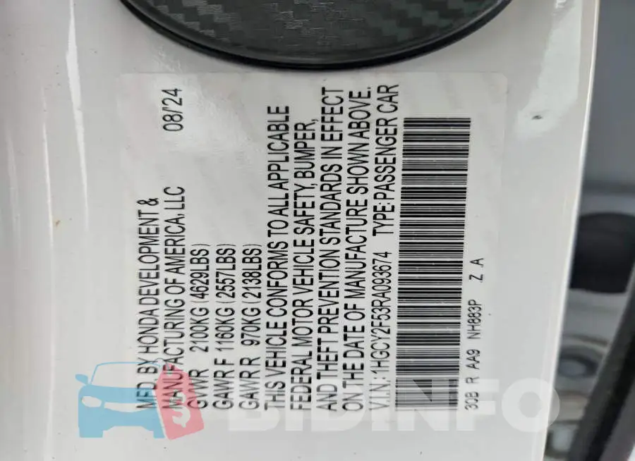 1HGCY2F53RA093674 Photo# 12
