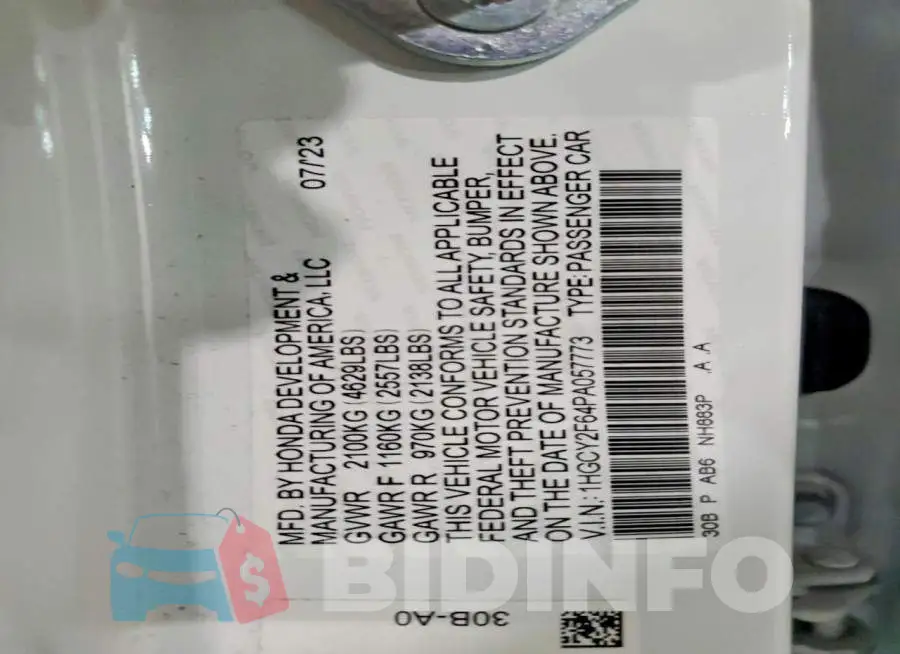 1HGCY2F64PA057773 Photo# 12