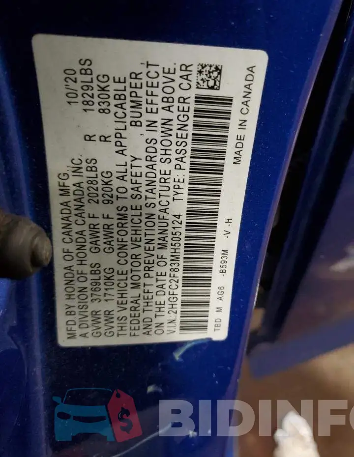 2HGFC2F83MH505124 Photo# 12