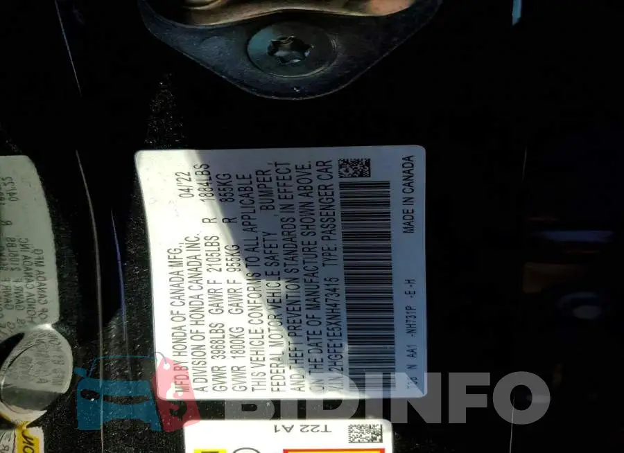 2HGFE1E5XNH473415 Photo# 12