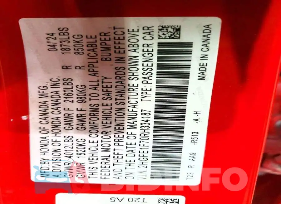 2HGFE1F70RH334187 Photo# 12