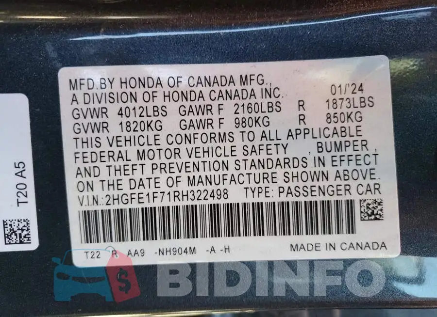 2HGFE1F71RH322498 Photo# 12