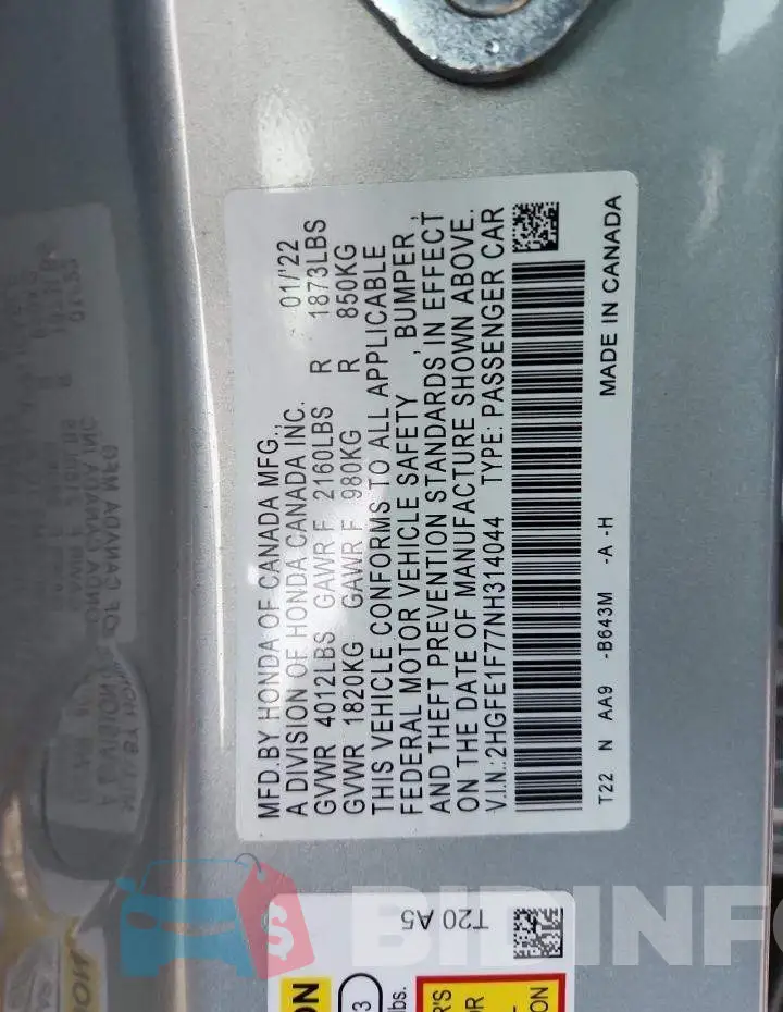 2HGFE1F77NH314044 Photo# 12