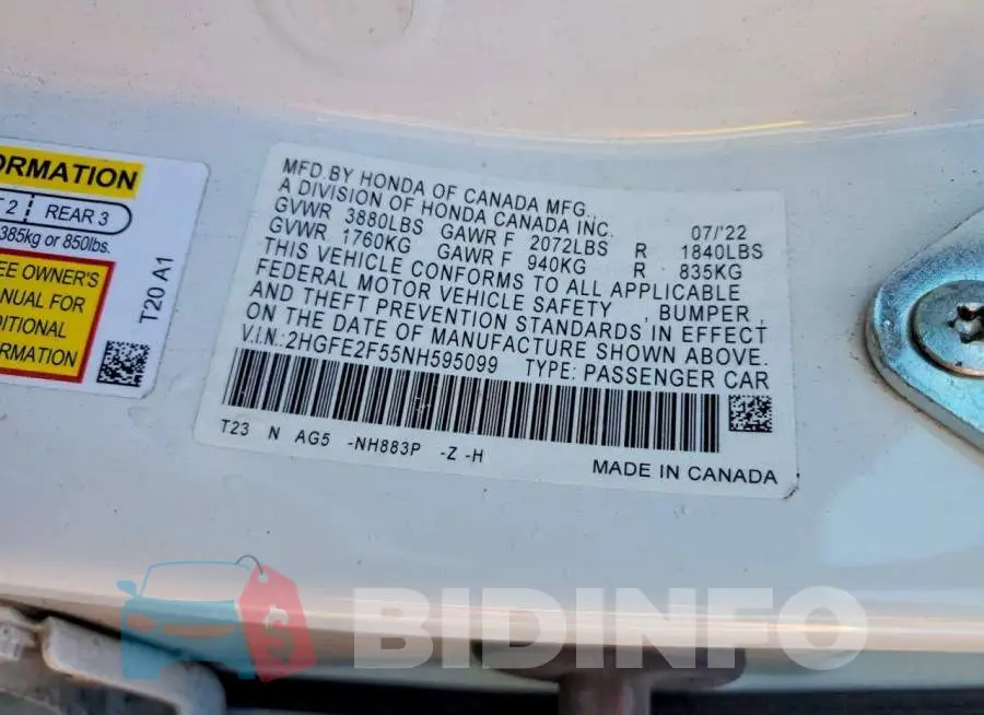 2HGFE2F55NH595099 Photo# 12