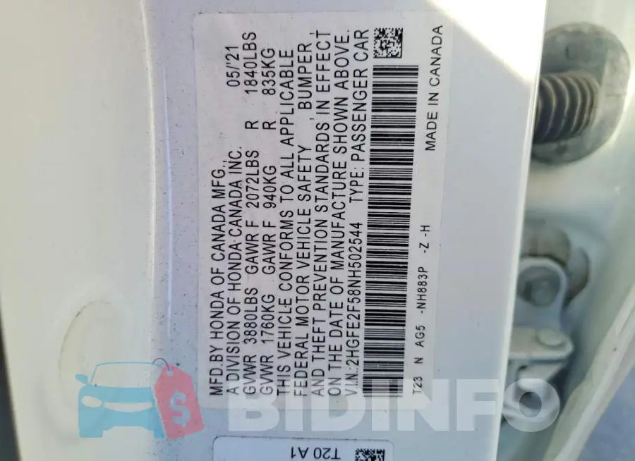 2HGFE2F58NH502544 Photo# 12