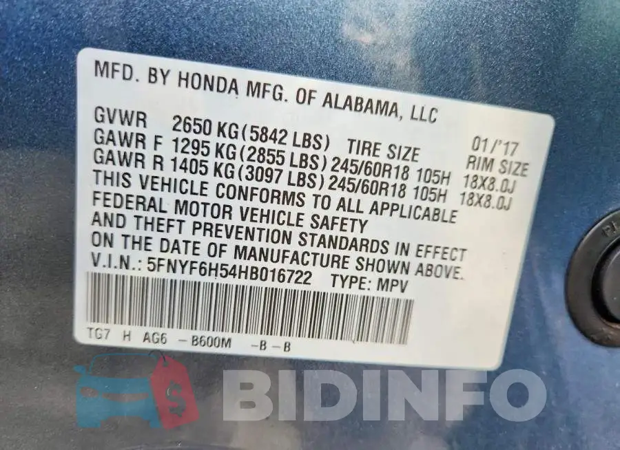 5FNYF6H54HB016722 Photo# 14