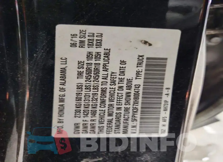 5FPYK3F7XHB004743 Photo# 13