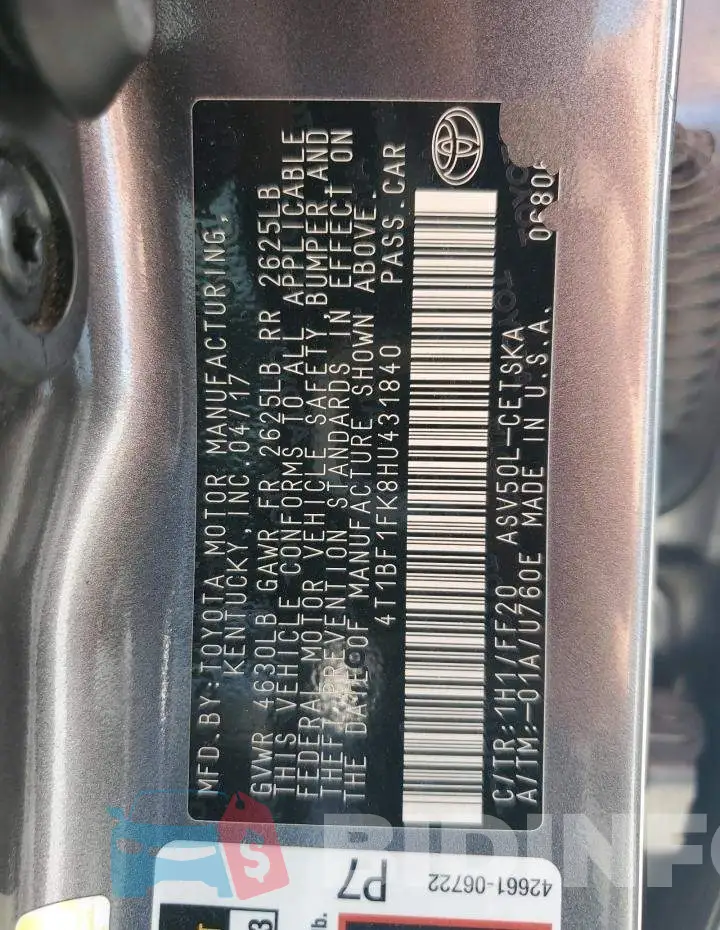 4T1BF1FK8HU431840 Photo# 13