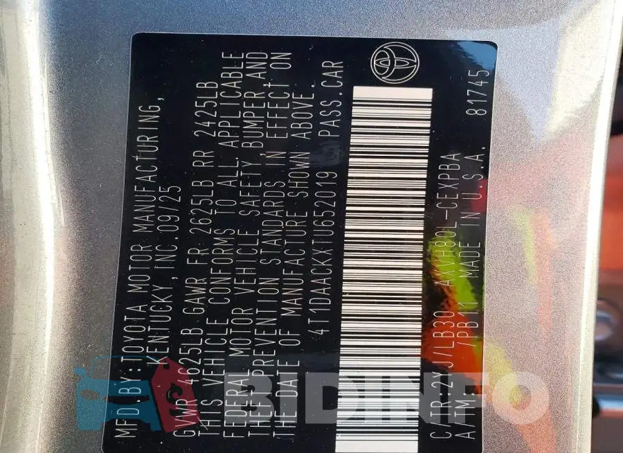 4T1DAACKXTU652019 Photo# 13