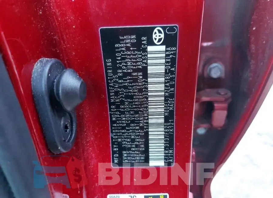 5YFB4MDE9SP307377 Photo# 13