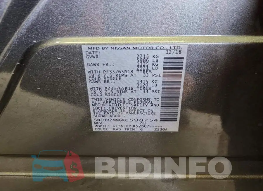 5N1DR2MM6KC598754 Photo# 13