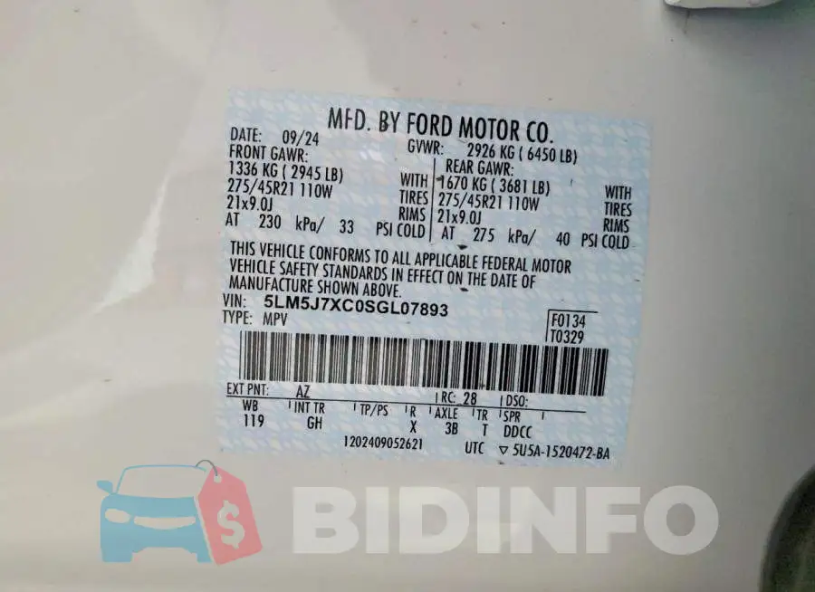 5LM5J7XC0SGL07893 Photo# 14