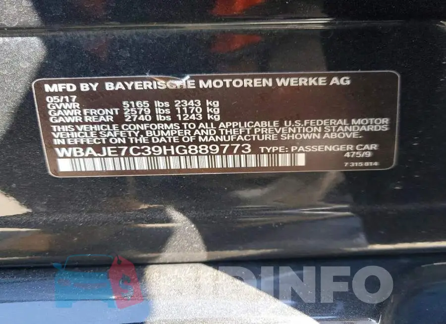 WBAJE7C39HG889773 Photo# 12