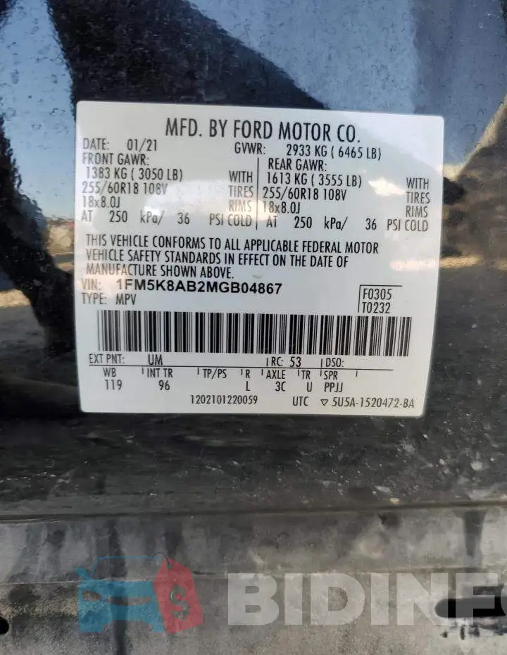 1FM5K8AB2MGB04867 Photo# 13