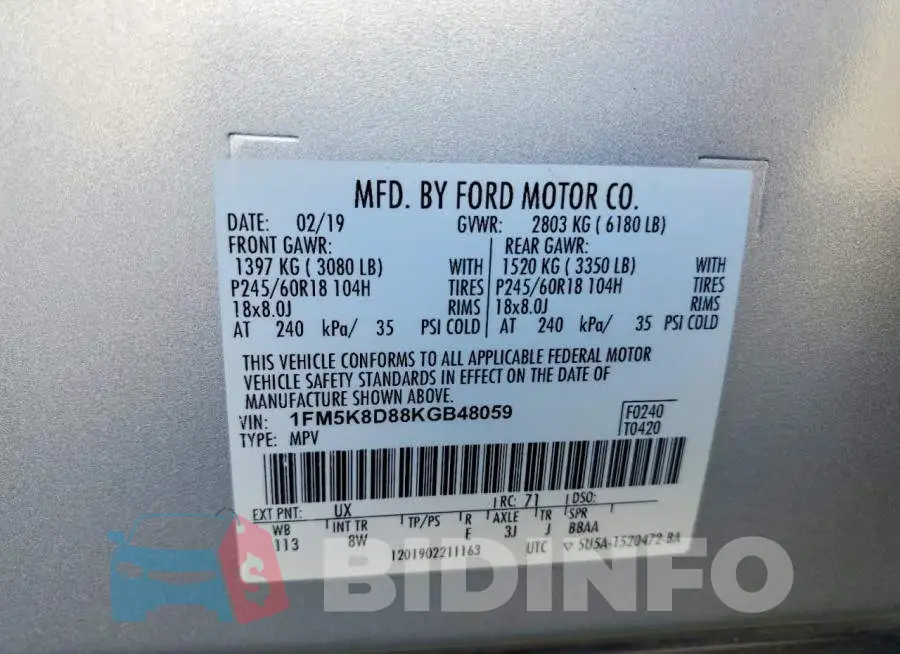 1FM5K8D88KGB48059 Photo# 13