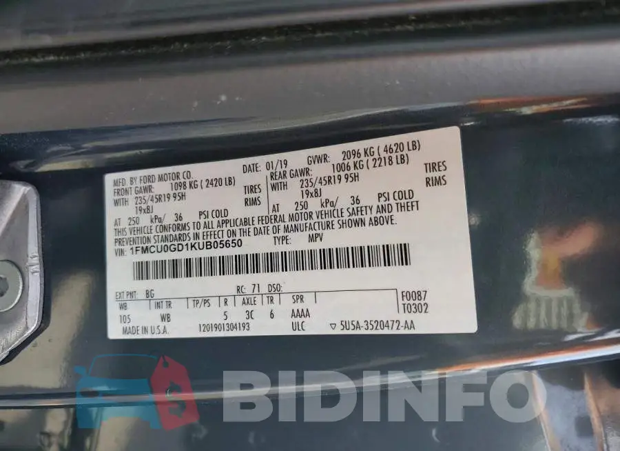 1FMCU0GD1KUB05650 Photo# 13