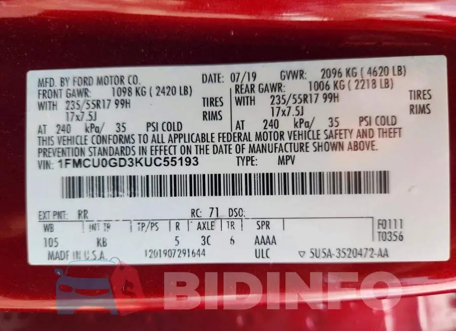 1FMCU0GD3KUC55193 Photo# 13