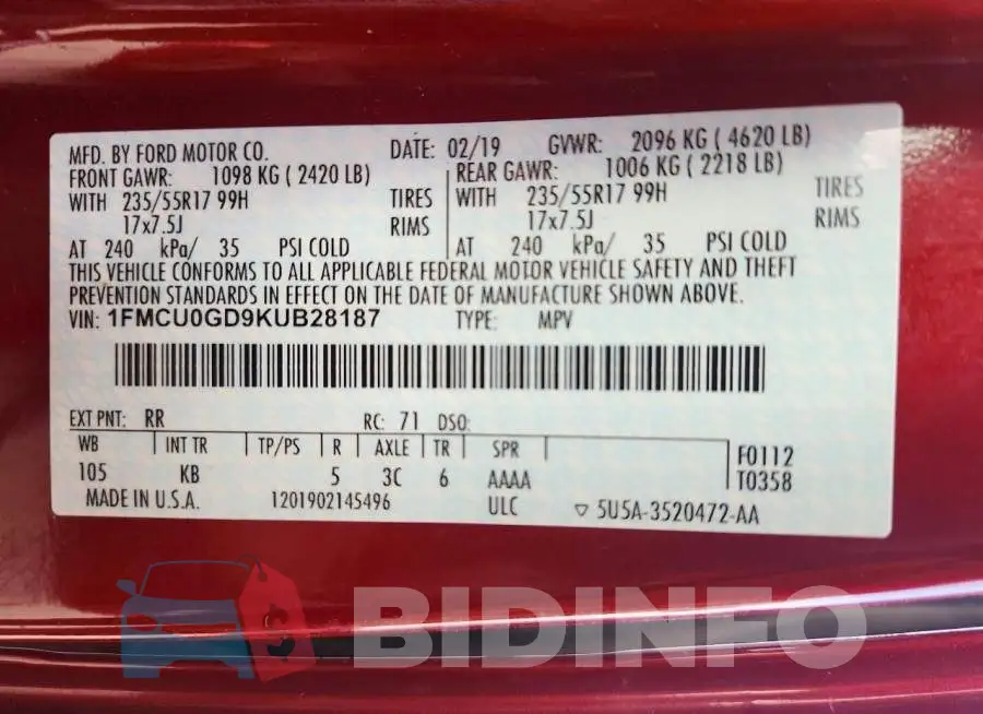1FMCU0GD9KUB28187 Photo# 12