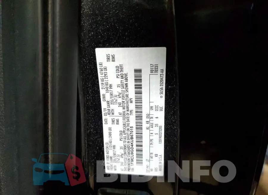 1FMCU9GD4KUB67015 Photo# 14