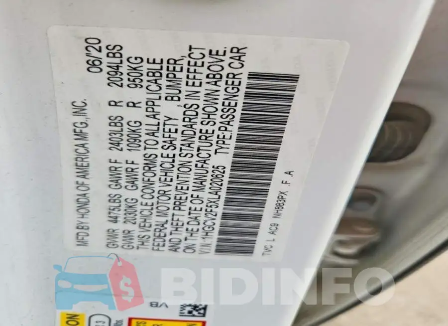 1HGCV2F5XLA020625 Photo# 12