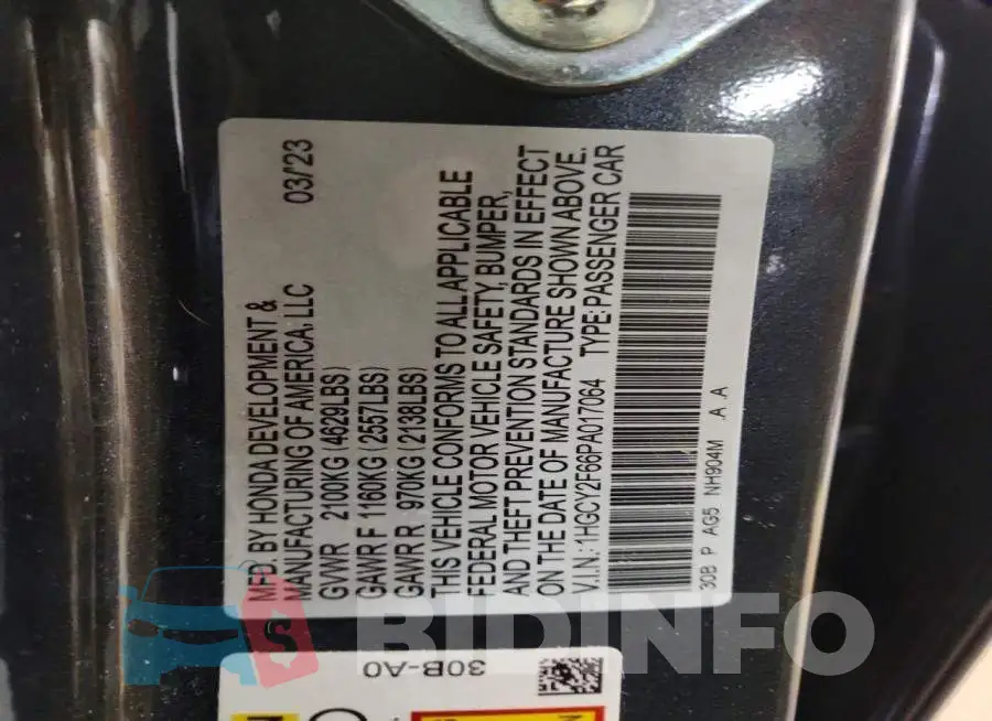 1HGCY2F66PA017064 Photo# 9