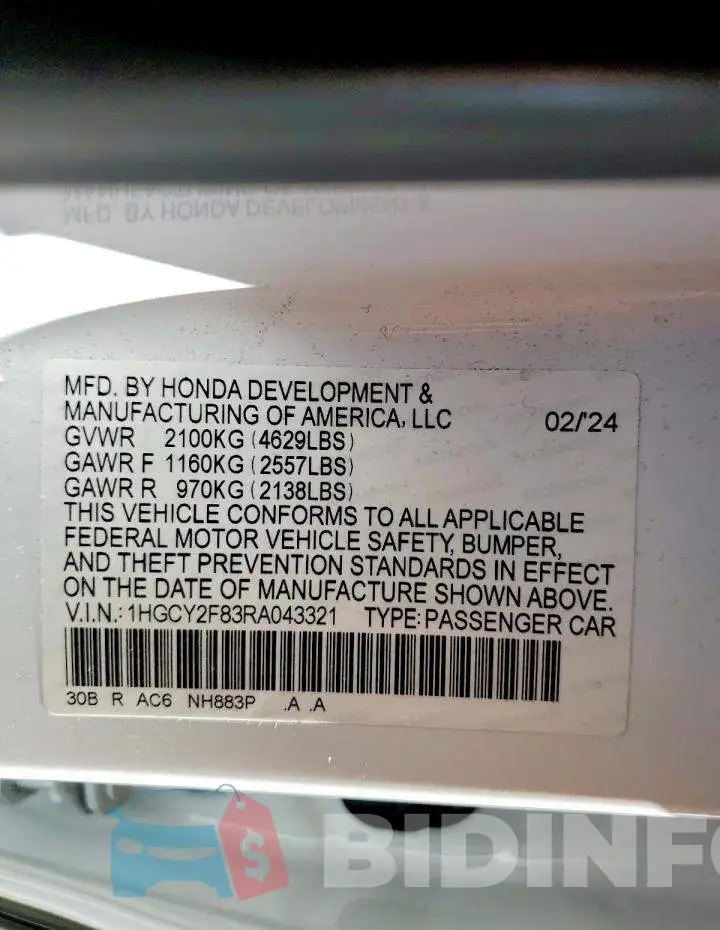 1HGCY2F83RA043321 Photo# 12