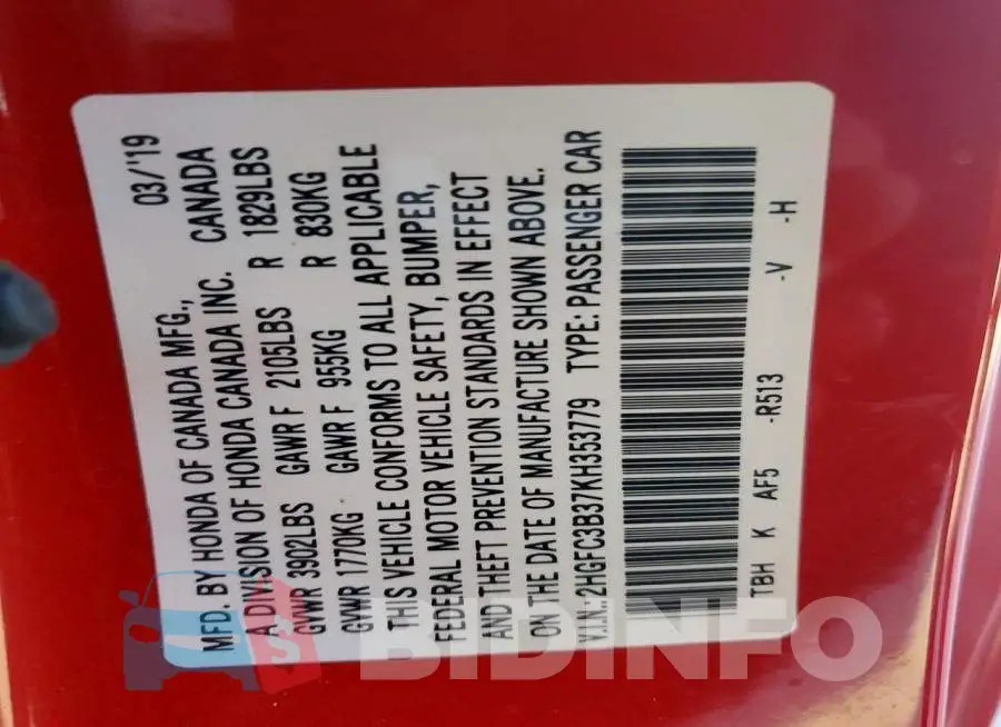 2HGFC3B37KH353779 Photo# 12