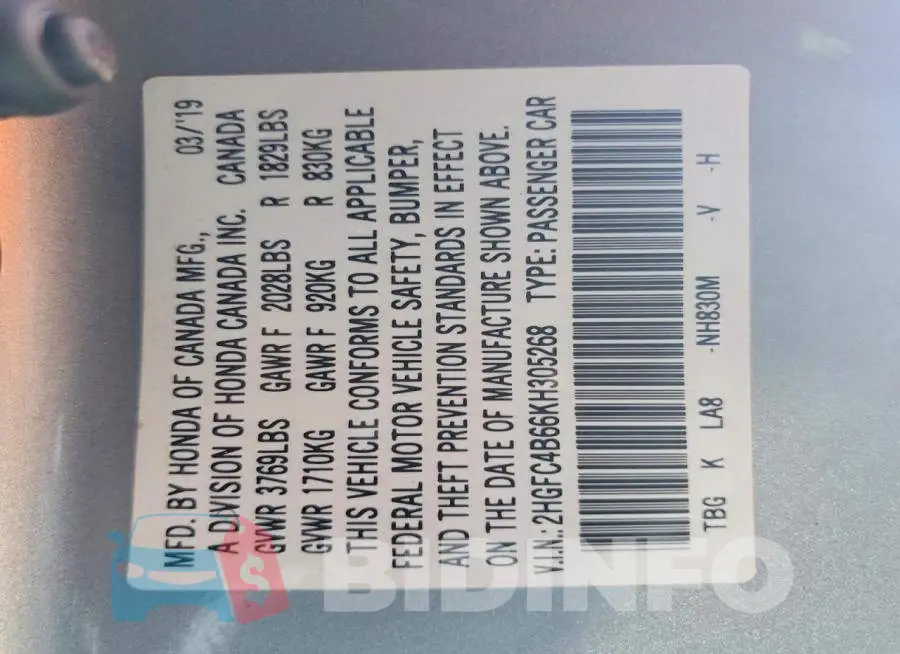 2HGFC4B66KH305268 Photo# 12