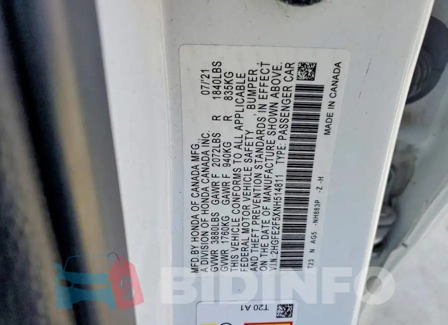 2HGFE2F5XNH514811 Photo# 12