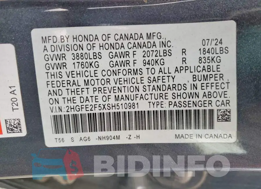 2HGFE2F5XSH510981 Photo# 12
