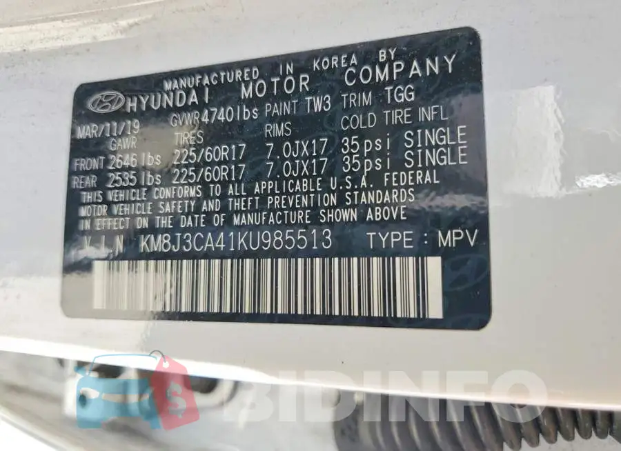KM8J3CA41KU985513 Photo# 13