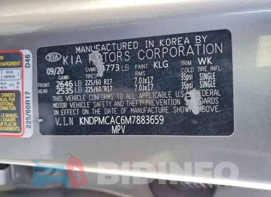 KNDPMCAC6M7883659 Photo# 14