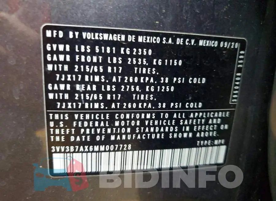 3VV3B7AX6MM007728 Photo# 13