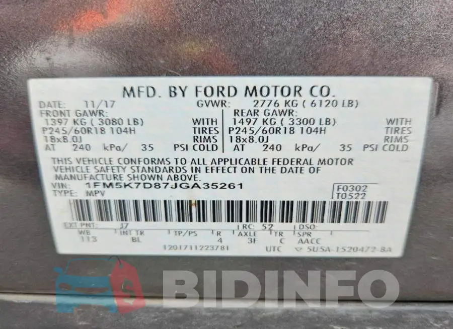 1FM5K7D87JGA35261 Photo# 14