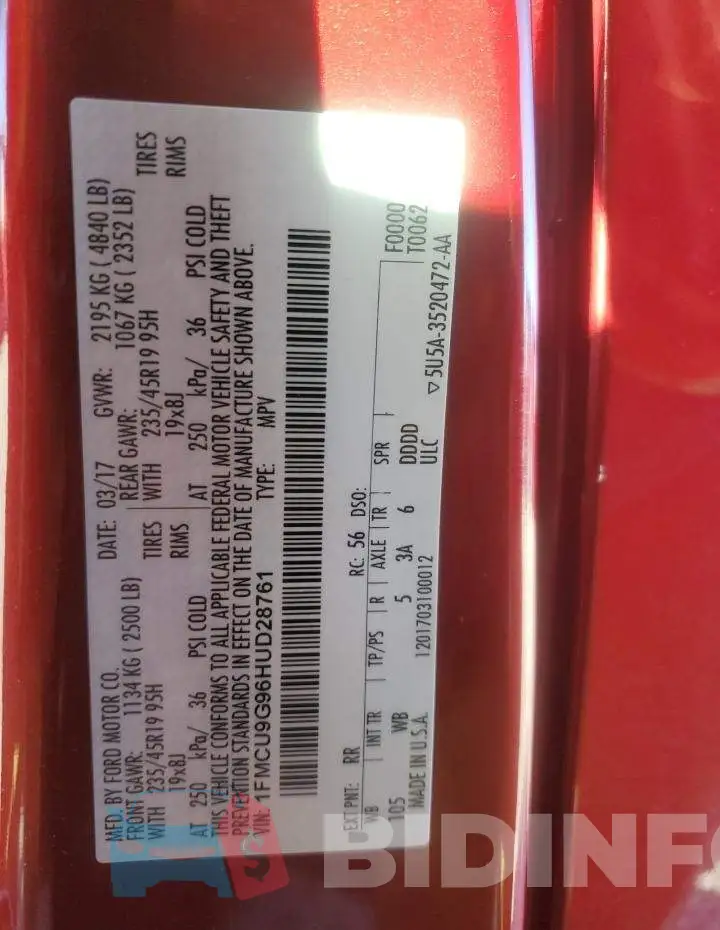 1FMCU9G96HUD28761 Photo# 14